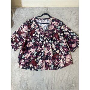 Catherines 3XWP Blouse Burgundy Mauve Floral Pintuck Pleat Front 3/4 Sleeve Top